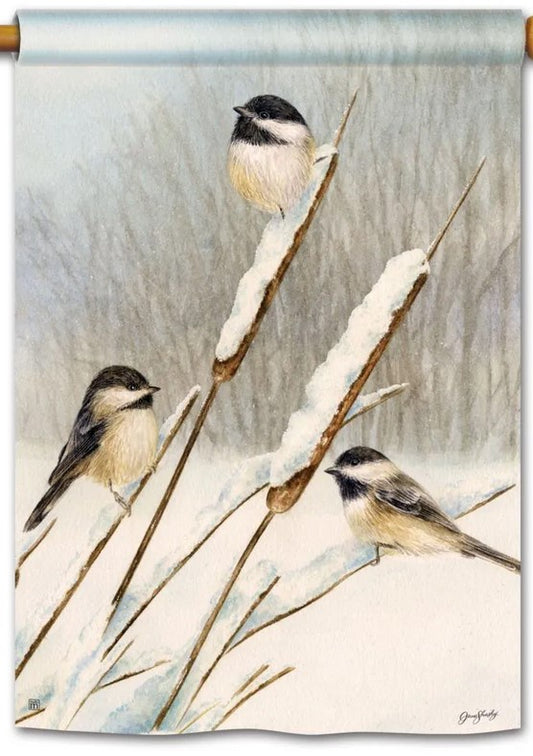 Art-flag-Cattail Chickadees 28x40inch-SM