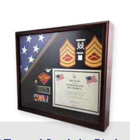 Display-case-Accolades3<Medals display & 3x5 ft flag>-Cherry-Wood-finish-Glass-SC