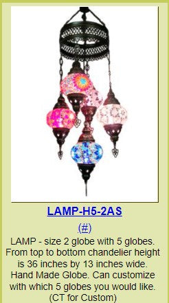 Turkish Lamp H53AS Size Chandelier-5 Globes 6x4in-Hand Made-36in high 13 wide-MC